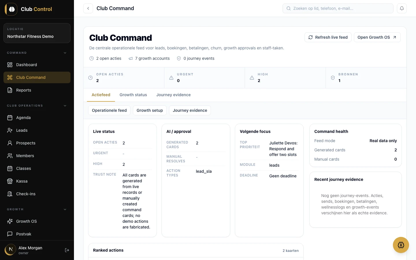 Echte Club Control-interface met fictieve demodata: Club Command