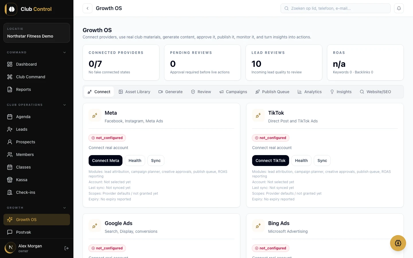 Echte Club Control-interface met fictieve demodata: Marketing
