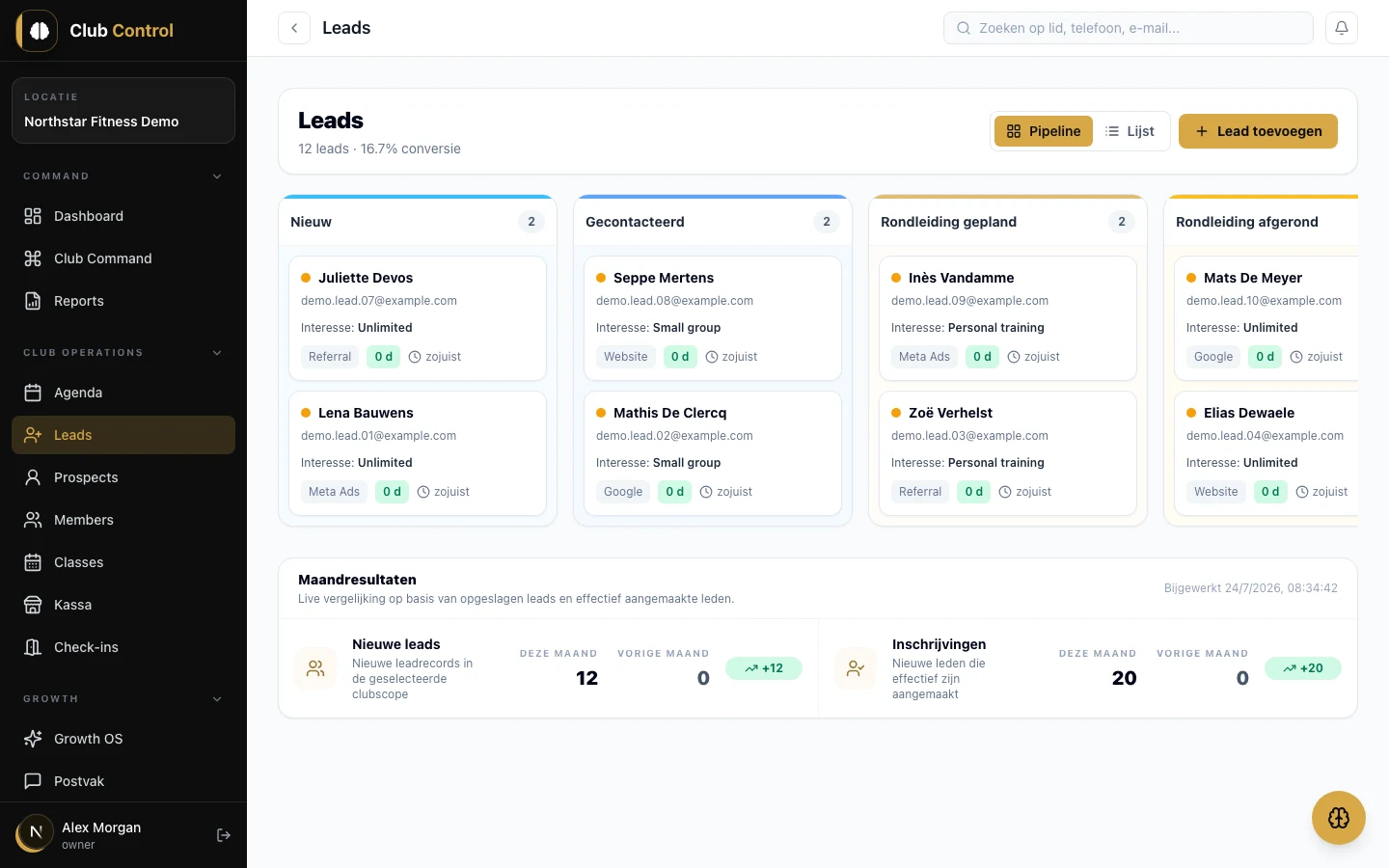 Echte Club Control-interface met fictieve demodata: Leads