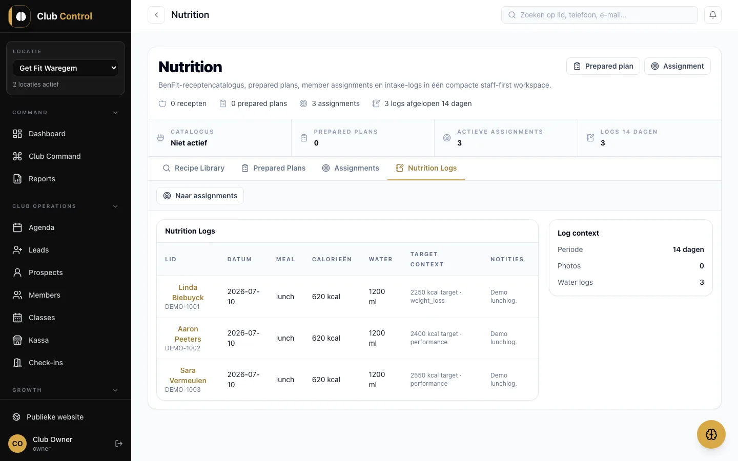 Echte Club Control-interface met fictieve demodata: Nutrition