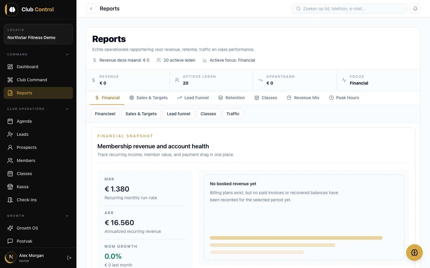 Echte Club Control-interface met fictieve demodata: Analytics